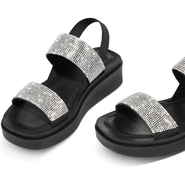 mysoft Womens Platform Wedges Sandals Slingback Lightweight Elastic Ankle Strap Low Wedges Walking Sandals Comfortable Slip On Casual ShoesBlack Rhinestones