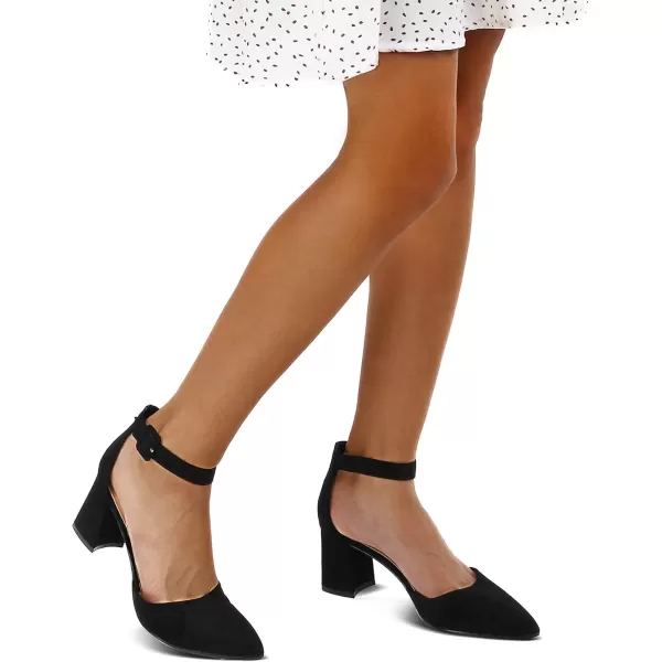 mysoft Womens Pointed Toe Low Chunky Heels Closed Toe Ankle Strap Dress Pump Shoes  Available in Wide SizesBlack Suede
