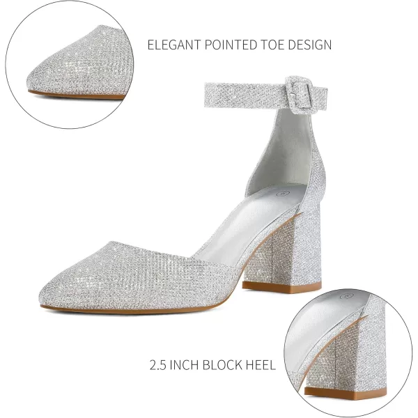 mysoft Womens Pointed Toe Low Chunky Heels Closed Toe Ankle Strap Dress Pump Shoes  Available in Wide SizesSilver