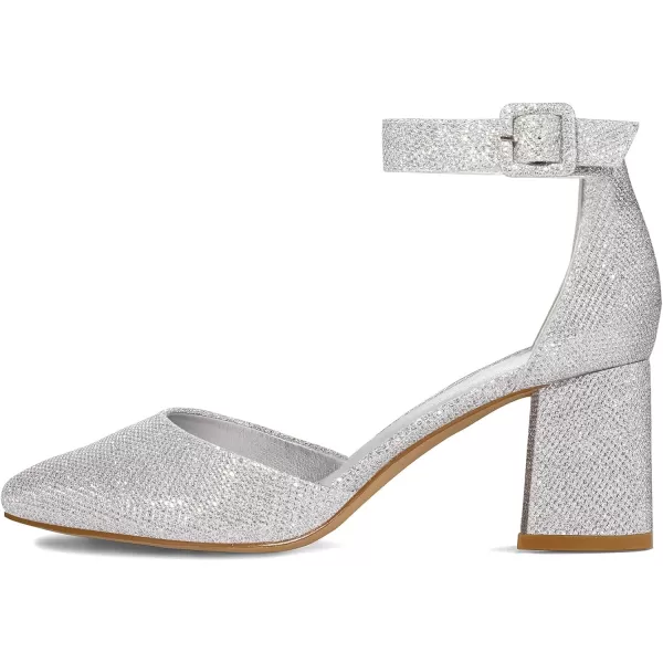 mysoft Womens Pointed Toe Low Chunky Heels Closed Toe Ankle Strap Dress Pump Shoes  Available in Wide SizesSilver