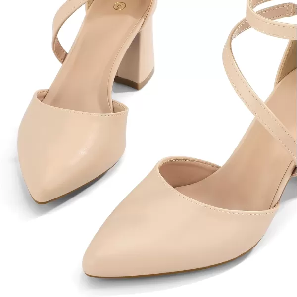 mysoft Womens Pumps Low Chunky Block Heels Pointed Toe Ankle Strap Across Instep Strap Party Wedding Dress ShoesNude Pu