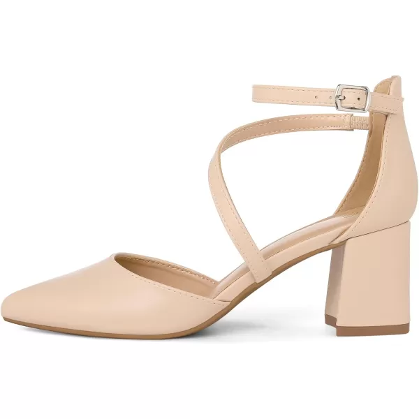 mysoft Womens Pumps Low Chunky Block Heels Pointed Toe Ankle Strap Across Instep Strap Party Wedding Dress ShoesNude Pu
