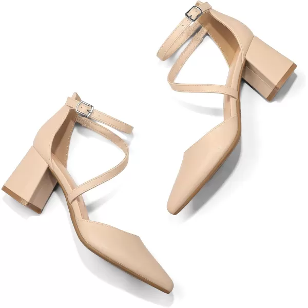 mysoft Womens Pumps Low Chunky Block Heels Pointed Toe Ankle Strap Across Instep Strap Party Wedding Dress ShoesNude Pu