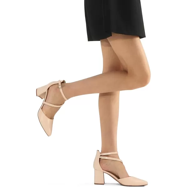 mysoft Womens Pumps Low Chunky Block Heels Pointed Toe Ankle Strap Across Instep Strap Party Wedding Dress ShoesNude Pu
