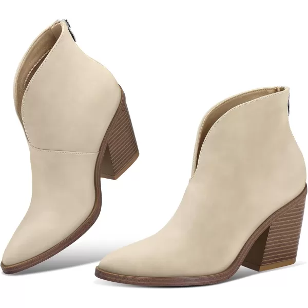 mysoft Womens V Cut Out Ankle Boots Slip On Pointed Toe Chunky Stacked Heel BootiesBeige