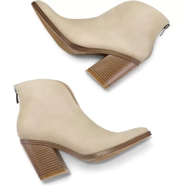 mysoft Womens V Cut Out Ankle Boots Slip On Pointed Toe Chunky Stacked Heel BootiesBeige