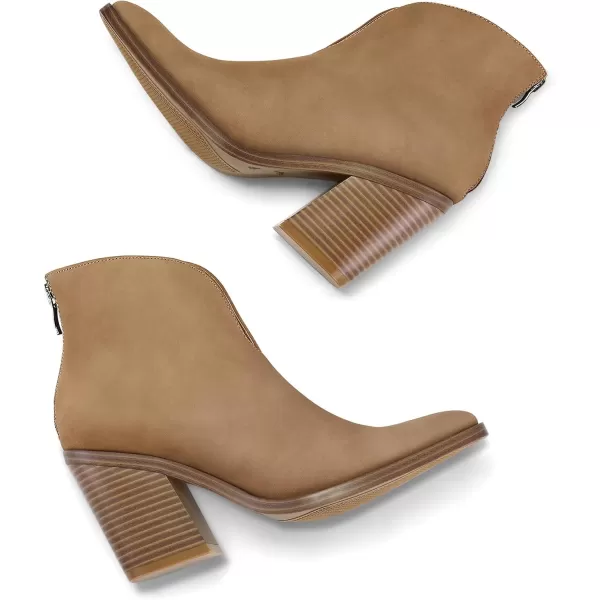 mysoft Womens V Cut Out Ankle Boots Slip On Pointed Toe Chunky Stacked Heel BootiesLight Brown