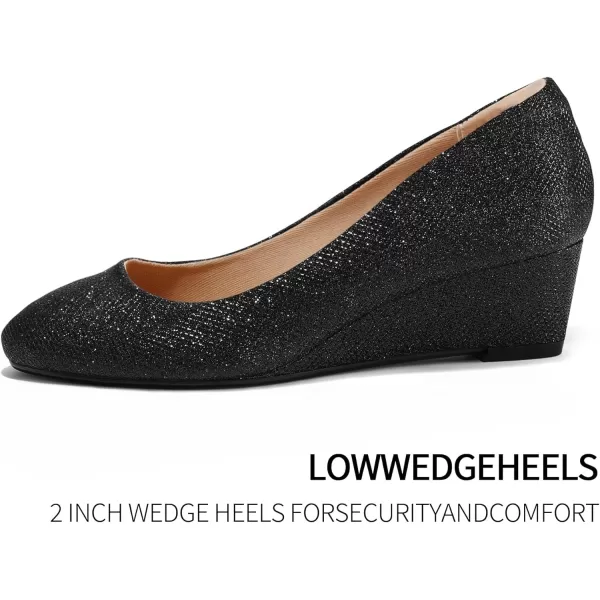 mysoft Womens Wedge Pumps Low Heel Closed Toe 2in Dress ShoesBlack Glitter