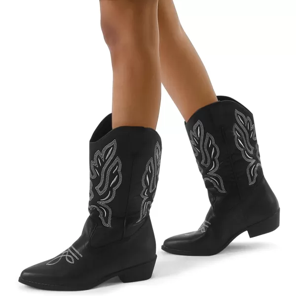 mysoft Womens Western Cowboy Boots Embroidered MidCalf Pointed Toe Cowgirl Boot Accommodate Both Regular and Wide CalfBlack Puwhite Embroidery