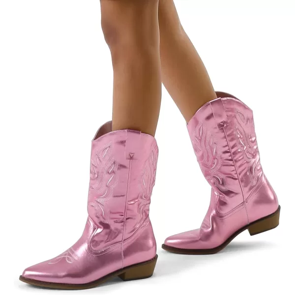 mysoft Womens Western Cowboy Boots Embroidered MidCalf Pointed Toe Cowgirl Boot Accommodate Both Regular and Wide CalfPink