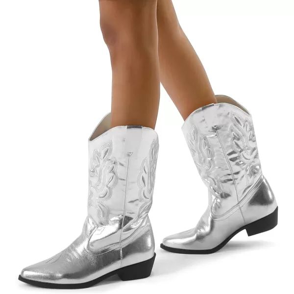 mysoft Womens Western Cowboy Boots Embroidered MidCalf Pointed Toe Cowgirl Boot Accommodate Both Regular and Wide CalfSilver