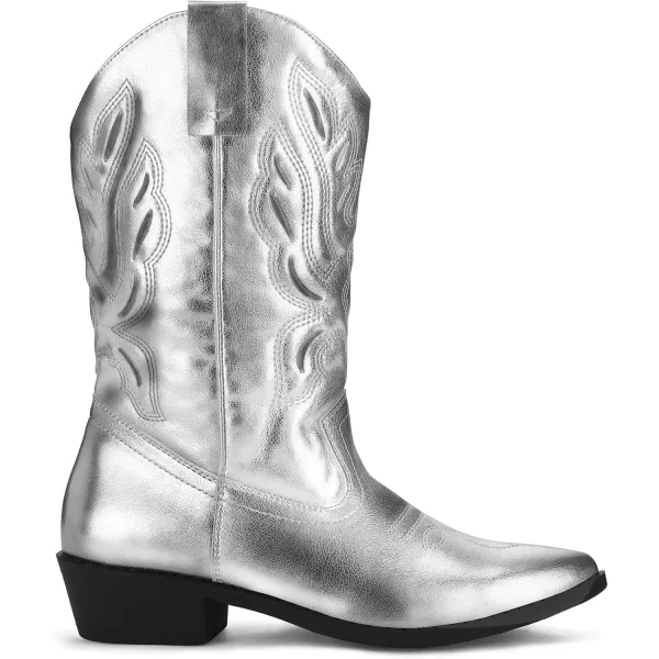 mysoft Womens Western Cowboy Boots Embroidered MidCalf Pointed Toe Cowgirl Boot Accommodate Both Regular and Wide CalfSilver