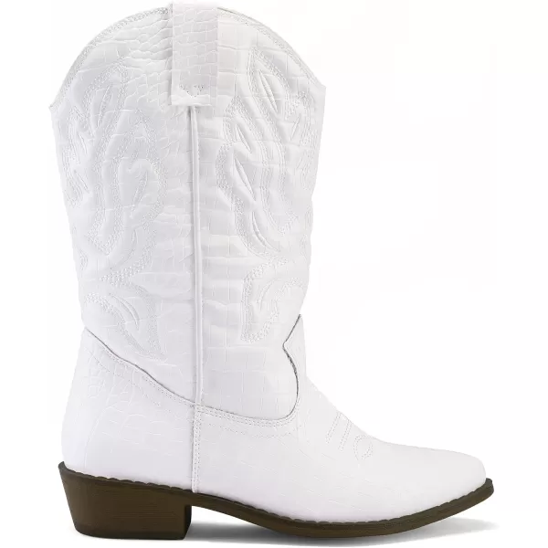 mysoft Womens Western Cowboy Boots Embroidered MidCalf Pointed Toe Cowgirl Boot Accommodate Both Regular and Wide CalfWhite Textured