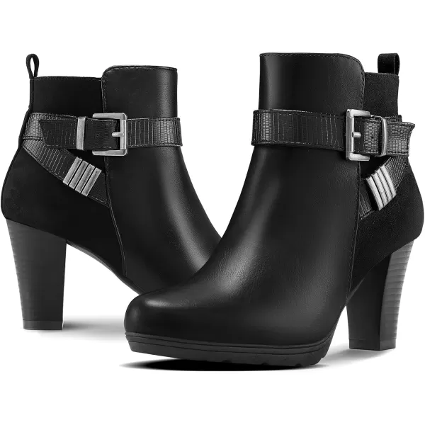 mysoft Womens Wide Width Ankle Boots Chunky Heel Ankle Strap Buckle Booties with ZipperBlack Pu