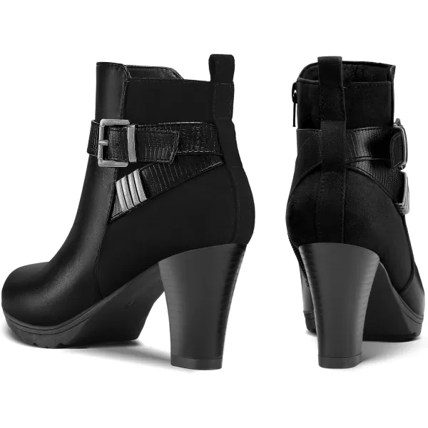 mysoft Womens Wide Width Ankle Boots Chunky Heel Ankle Strap Buckle Booties with ZipperBlack Pu