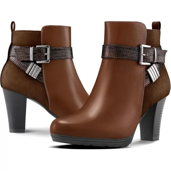 mysoft Womens Wide Width Ankle Boots Chunky Heel Ankle Strap Buckle Booties with ZipperBrown Pu