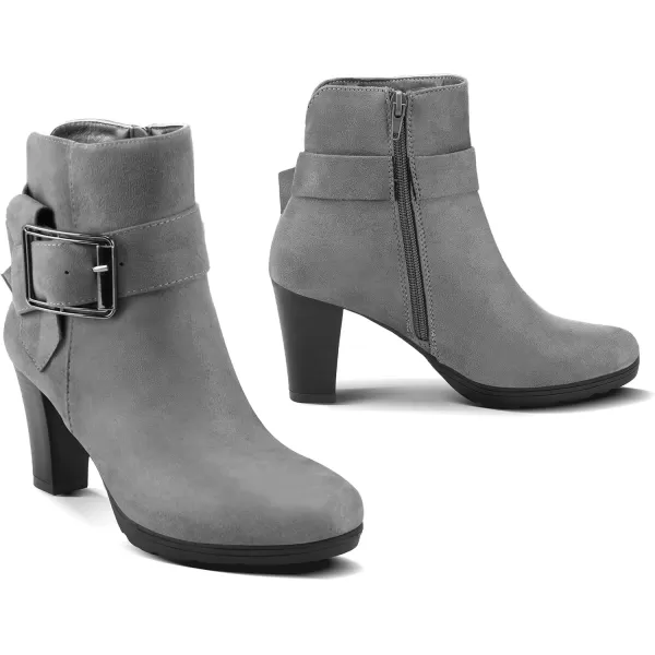 mysoft Womens Wide Width Ankle Boots Chunky Heel Ankle Strap Buckle Booties with ZipperGrey Suede