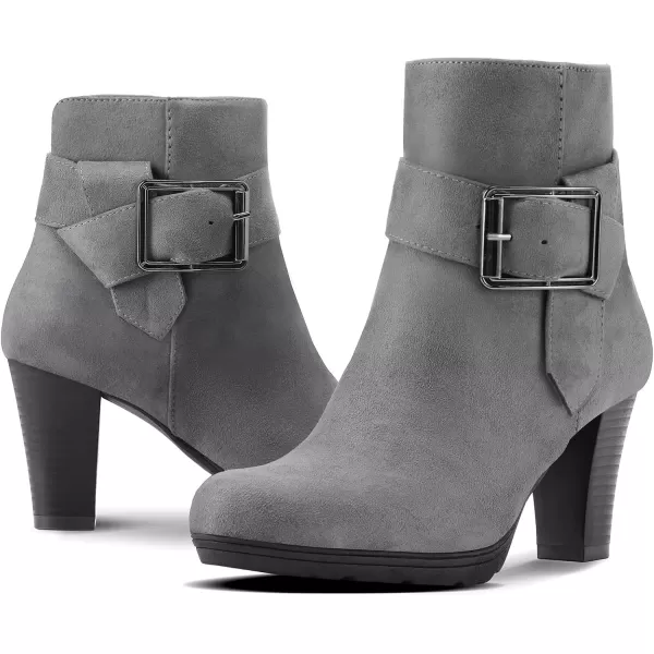 mysoft Womens Wide Width Ankle Boots Chunky Heel Ankle Strap Buckle Booties with ZipperGrey Suede