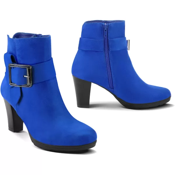 mysoft Womens Wide Width Ankle Boots Chunky Heel Ankle Strap Buckle Booties with ZipperRoyal Blue Suede