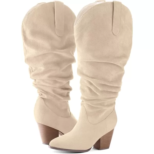 mysoft Womens WideExtra Wide Calf Knee High Boots Cowgirl Low Chunky Stacked Heel Wide Width Pointed Toe Slouchy Tall Boots with ZippersBeige Extra Wide Calf