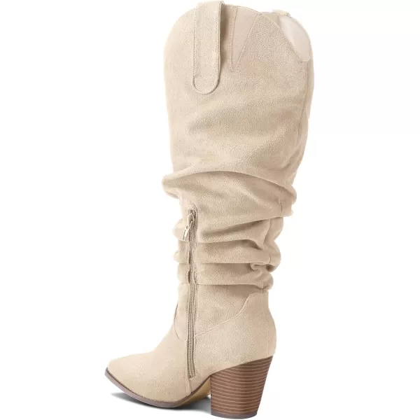 mysoft Womens WideExtra Wide Calf Knee High Boots Cowgirl Low Chunky Stacked Heel Wide Width Pointed Toe Slouchy Tall Boots with ZippersBeige Wide Calf