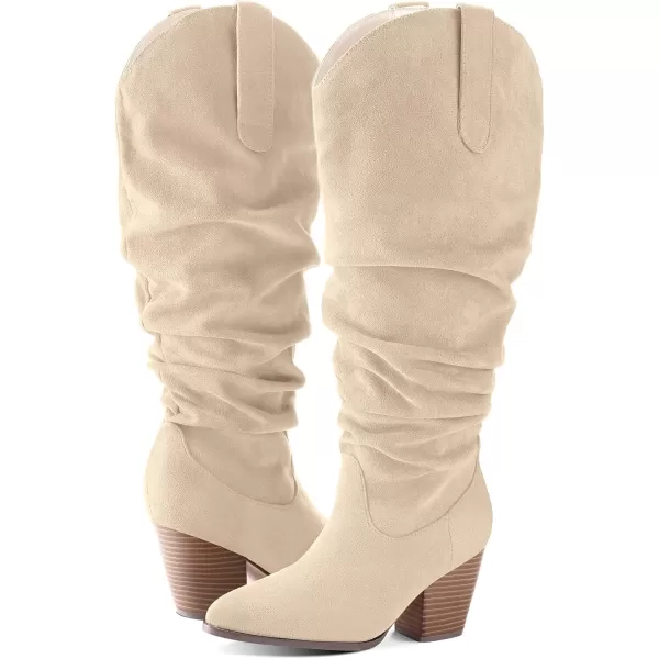 mysoft Womens WideExtra Wide Calf Knee High Boots Cowgirl Low Chunky Stacked Heel Wide Width Pointed Toe Slouchy Tall Boots with ZippersBeige Wide Calf