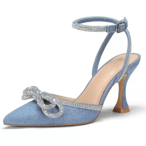 mysoft Womens Rhinestone Bow Pumps Wedding Dress Shoes Pointed Toe Ankle Strap Kitten HeelsDenim Blue