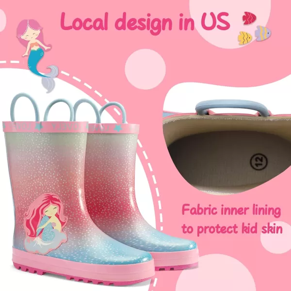 mysoft Kids Rain Boots for Girls Boys Toddler Waterproof Rubber Cute Printed with EasyOn HandlesPink Mermaid