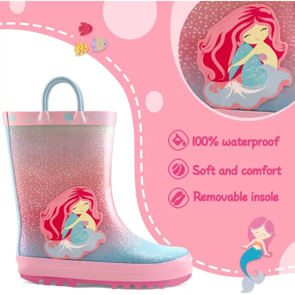 mysoft Kids Rain Boots for Girls Boys Toddler Waterproof Rubber Cute Printed with EasyOn HandlesPink Mermaid