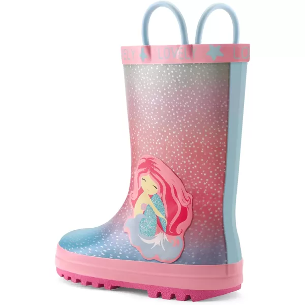 mysoft Kids Rain Boots for Girls Boys Toddler Waterproof Rubber Cute Printed with EasyOn HandlesPink Mermaid