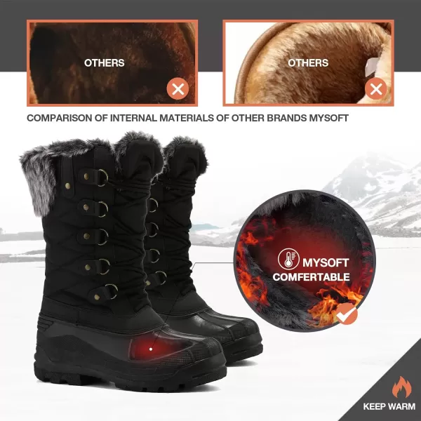 mysoft Womens Snow Boots Warm Insulated Faux Fur Lined Waterproof MidCalf Winter BootsBlack Grid