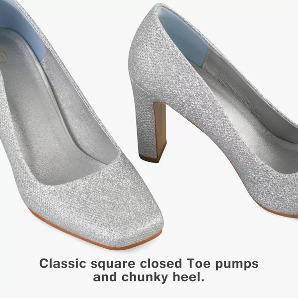 mysoft Womens Square Toe Chunky Block High Heel Dress Pump ShoesSilver Glitter