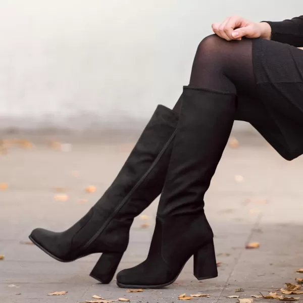 imagemysoft Womens Knee High Boots Block Chunky Heel Square Toe Tall Boots Side Zipper Long Dress BootsBlack Suede