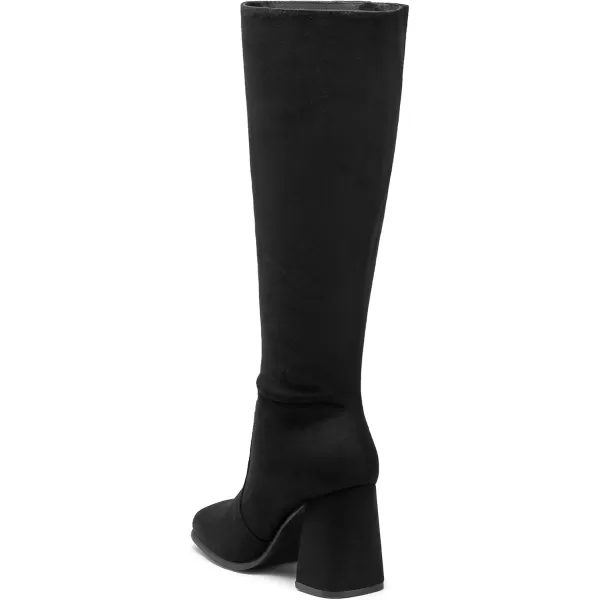 imagemysoft Womens Knee High Boots Block Chunky Heel Square Toe Tall Boots Side Zipper Long Dress BootsBlack Suede