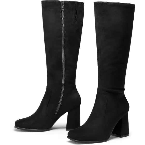 imagemysoft Womens Knee High Boots Block Chunky Heel Square Toe Tall Boots Side Zipper Long Dress BootsBlack Suede