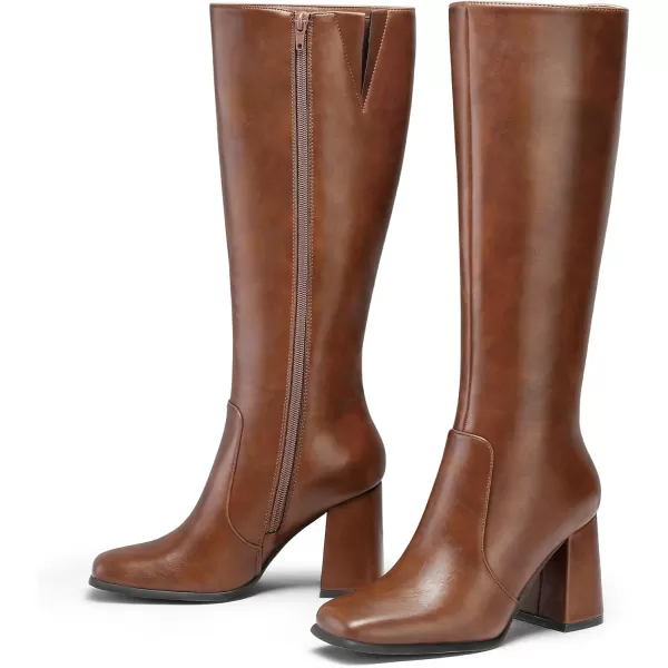 imagemysoft Womens Knee High Boots Block Chunky Heel Square Toe Tall Boots Side Zipper Long Dress BootsBrown