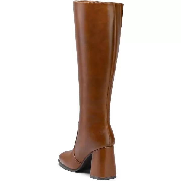 imagemysoft Womens Knee High Boots Block Chunky Heel Square Toe Tall Boots Side Zipper Long Dress BootsBrown