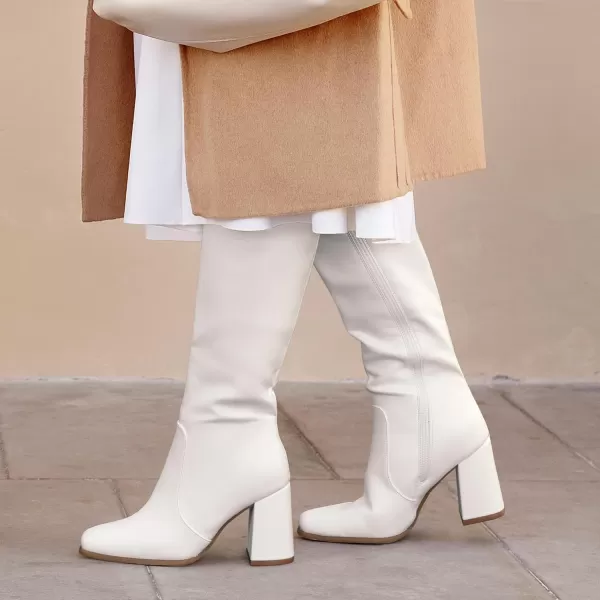 imagemysoft Womens Knee High Boots Block Chunky Heel Square Toe Tall Boots Side Zipper Long Dress BootsWhite