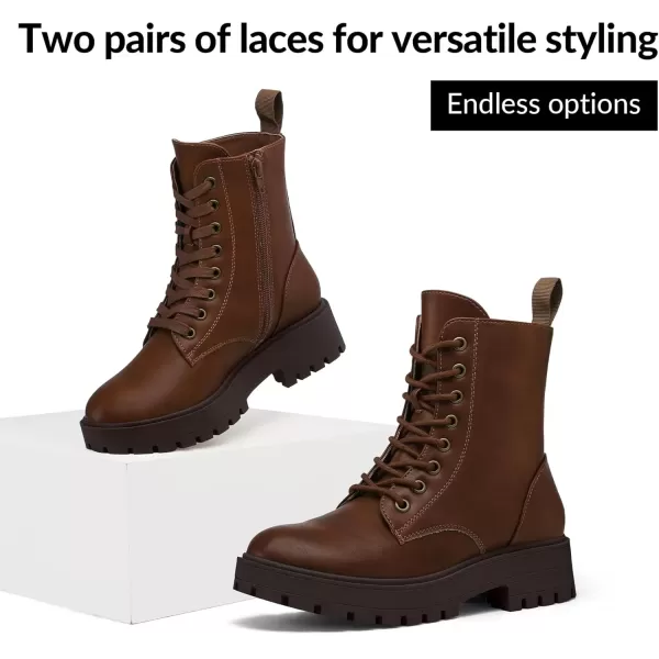 imagemysoft Womens Combat Boots LaceUp Platform Ankle Booties Chunky Low Heel Side Zipper ShoesBrown