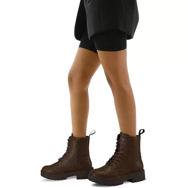 imagemysoft Womens Combat Boots LaceUp Platform Ankle Booties Chunky Low Heel Side Zipper ShoesDark Brown