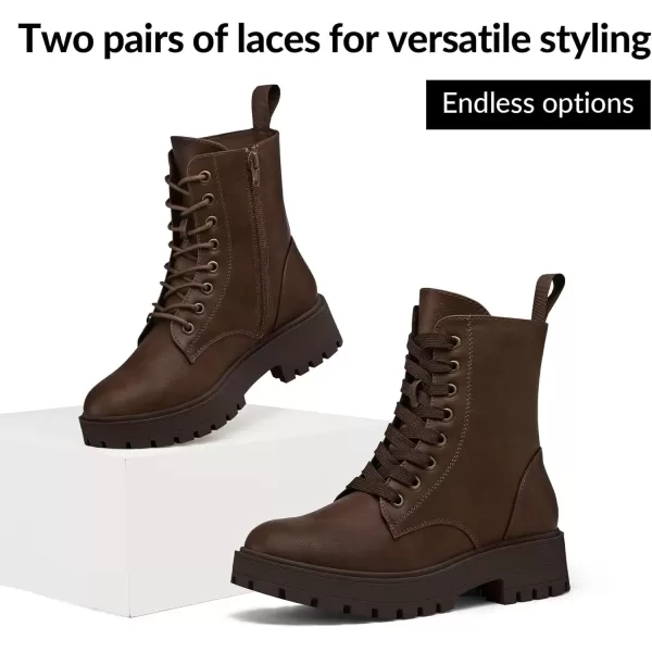 imagemysoft Womens Combat Boots LaceUp Platform Ankle Booties Chunky Low Heel Side Zipper ShoesDark Brown