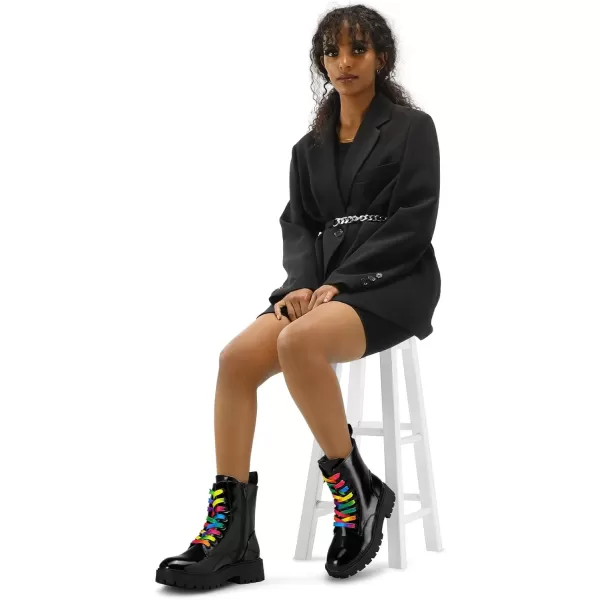 imagemysoft Womens Combat Boots LaceUp Platform Ankle Booties Chunky Low Heel Side Zipper ShoesPitchblack