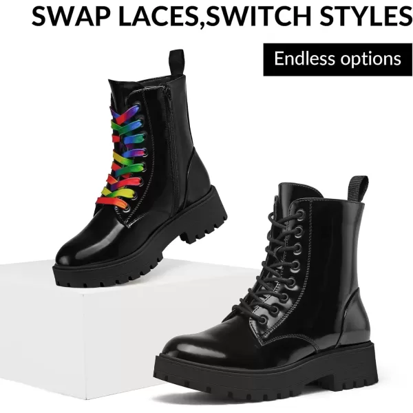 imagemysoft Womens Combat Boots LaceUp Platform Ankle Booties Chunky Low Heel Side Zipper ShoesPitchblack