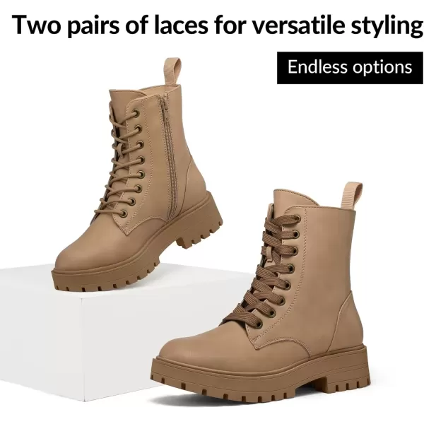 imagemysoft Womens Combat Boots LaceUp Platform Ankle Booties Chunky Low Heel Side Zipper ShoesSand