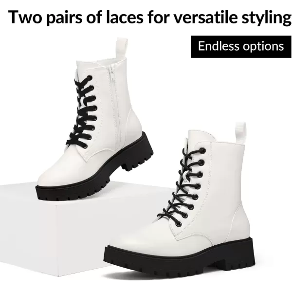 imagemysoft Womens Combat Boots LaceUp Platform Ankle Booties Chunky Low Heel Side Zipper ShoesWhite