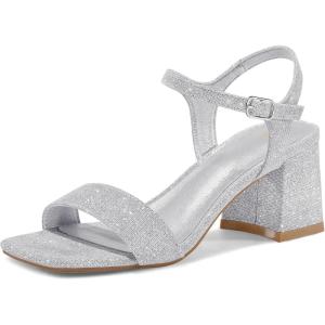 imagemysoft Womens Chunky Block Low Heels Open Toe Ankle Strap Heeled Sandals Comfortable Square Toe Wedding Party Dress Pump ShoesSilver Glitter