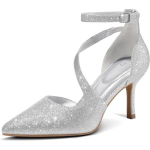 imagemysoft Womens Pumps Pointed Toe Stiletto Ankle Strap Closed Toe Low Heel Wedding Party Dress ShoesSilver