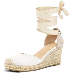 imagemysoft Womens Espadrille Platform Wedge Sandals Closed Toe Ankle Strap Lace up Summer ShoesWhite