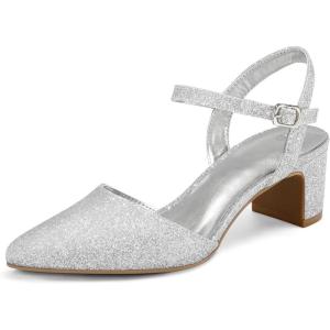 imagemysoft Womens Pumps 2 Inch Chunky Block Heel Pointed Toe Ankle Strap Slingback Wedding Party Dress ShoesSilver Glitter