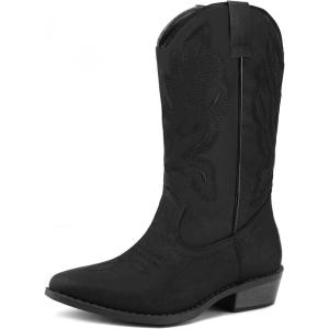 imagemysoft Womens Western Cowboy Boots Embroidered MidCalf Pointed Toe Cowgirl Boot Available for Regular and Wide CalfBlack